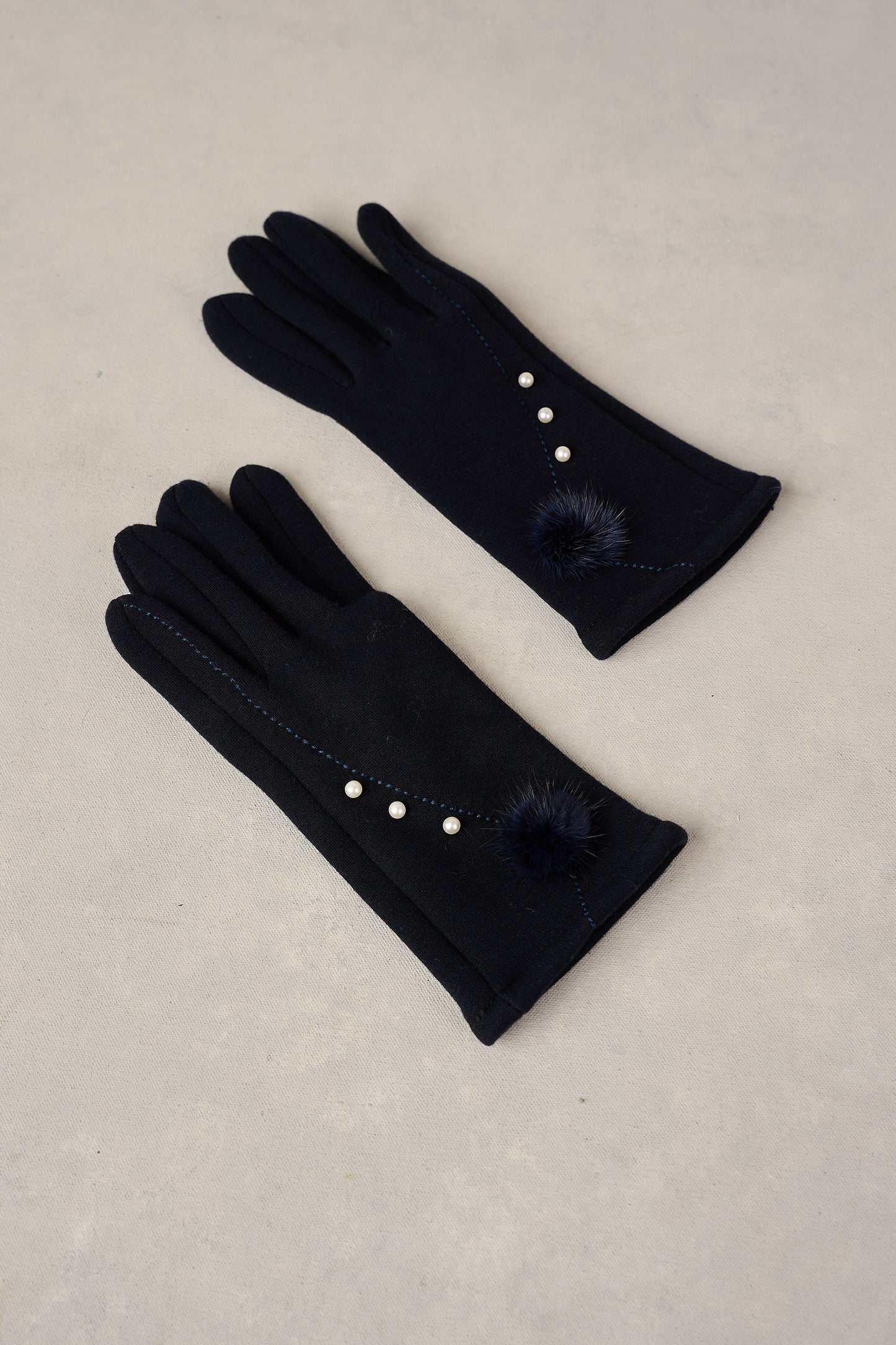 Pearl Trim Pom Gloves - Navy