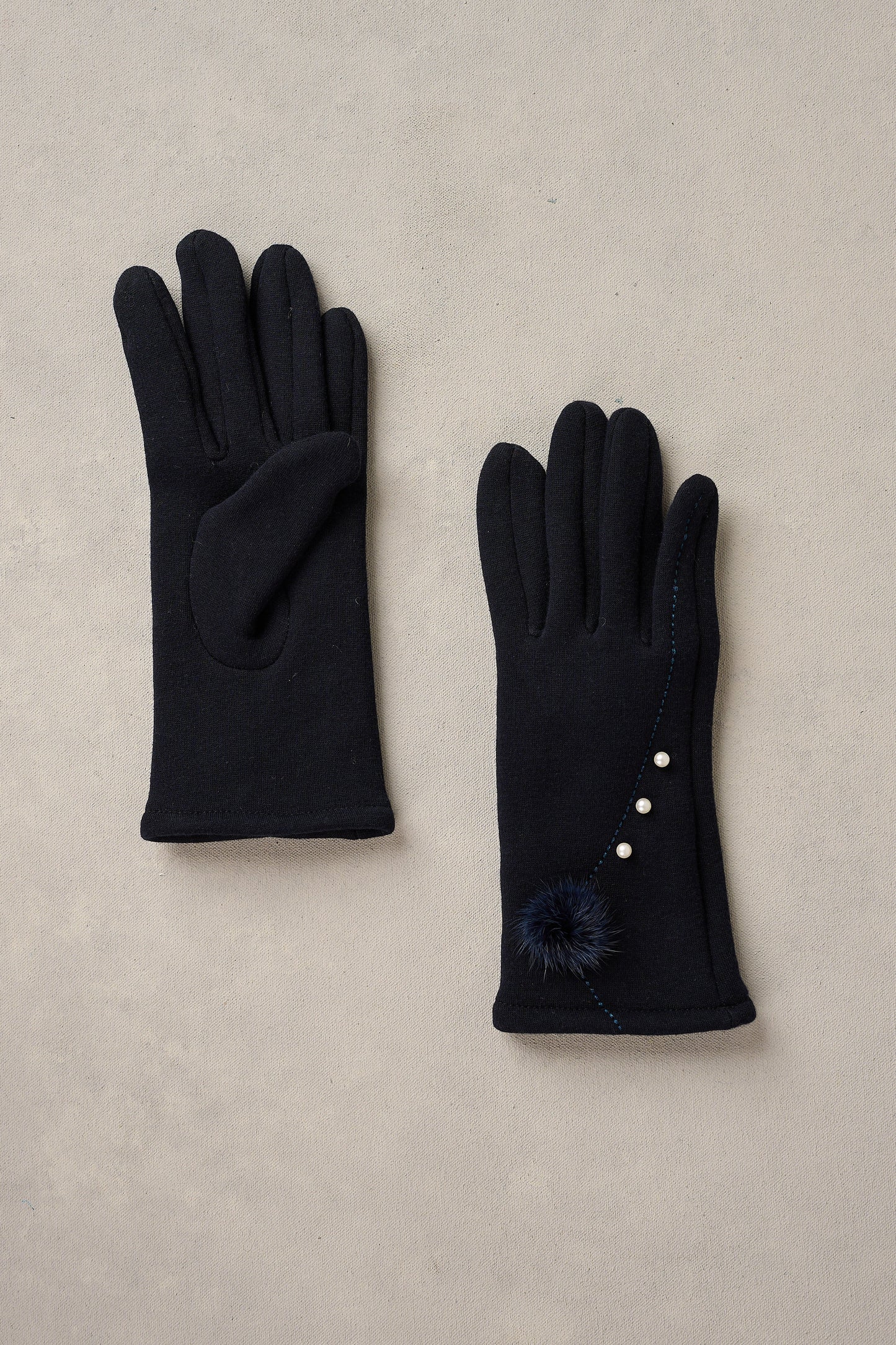 Pearl Trim Pom Gloves - Navy