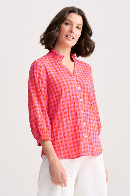 Cotton Crinkle Shirt - Pink & Orange Gingham