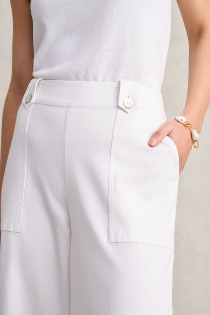 Full Length Waist Tab Linen Pant - White