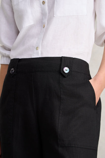Full Length Waist Tab Linen Pant - Black