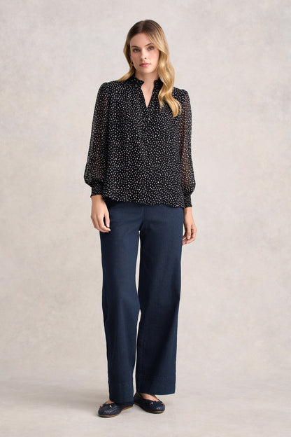 Shirred Georgette Blouse - Black & White Spot