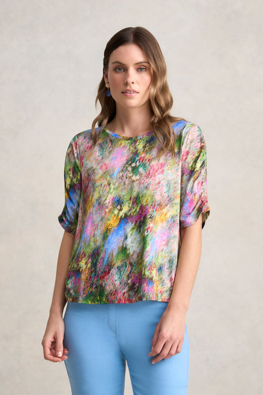 Ruched Sleeve T-Shirt – Meadow Print
