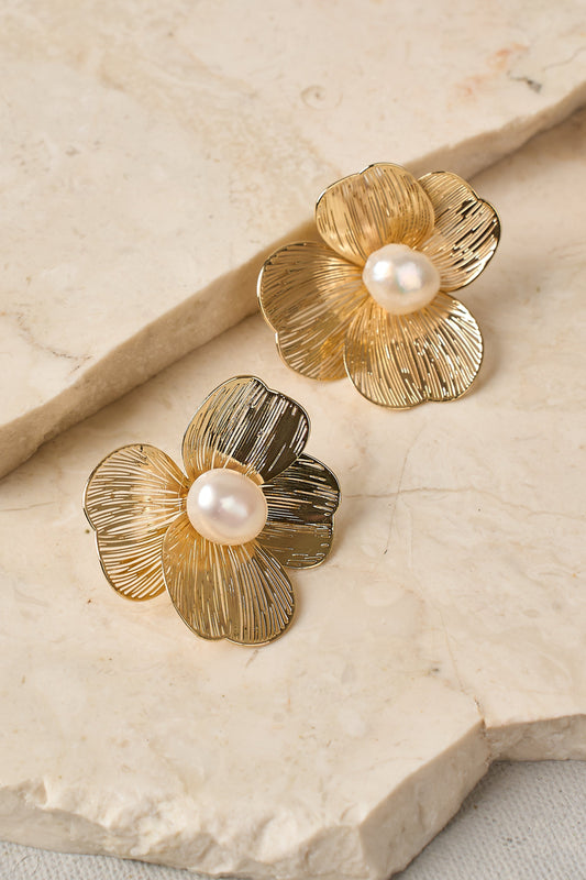 Flower and Pearl Statement Studs - Gold
