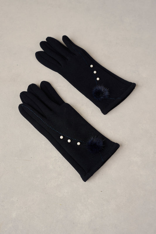 Pearl Trim Pom Gloves - Navy